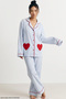 Blue Line Patterned Heart Embroidered Soft Tuşe Winter Buttoned Ribbed Knitted Pajamas Set 8084 - 2