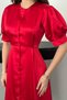 Women's Red Satin Short Balloon Sleeve Crew Neck Button Front Midi Dress - 4