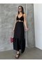 Women's Black Rope Strap V-Neck Crochet Knit Motif Detailed Ruffled Maxi Long Dress - 2