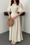 Women's Beige Crew Neck Balloon Short Sleeve Pleated Waist Linen Textured Flared Maxi Dress - 4
