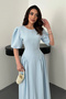 Women's Blue Crew Neck Short Balloon Sleeve Pleated Flared Long Maxi Evening Dress - 3