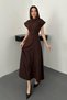 Women's Brown High-Neck Short-Sleeved Waist-Fitted Flowy Midi Dress with Flared Skirt