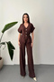 Women's Brown V-Neck Short-Sleeved Buttoned Belted Wide-Leg Pants Linen Double Bottom Top Set