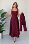 Women's Burgundy Textured Fabric Crop Jacket Square Collar Long Dress Two-Piece Set - 2