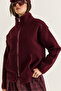 Women's Cherry Color Stand Collar Pocket Detailed Ribbed Zippered Teddy Jacket 868 60286657 - 5