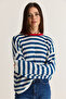 Women's Ecru-Blue Striped Crew Neck Loose Mercerized Knitwear Sweater Tk261165 60286636 - 3