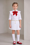 Girl's Red Scarf Polka Dot Ruffle Collar White Long Sleeve Shirt Yellow Chain White Pleated Skirt October 29 April 23 Show Outfit - 2