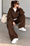 Coffee Color Stand Collar Bow Print Top and Wide Leg Bottom Tracksuit Set - 2
