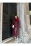 Women's Burgundy Fur Collar Belted Faux Leather Long Sleeve Maxi Length Buttoned Coat Trench Coat - 3