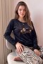 Black Cozy Patterned Exclusive Velvet Women's Pajama Set - 2