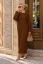 Women's Brown Crew Neck Knitted Motif Long Length Loose Knitwear Dress