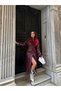 Women's Burgundy Fur Collar Belted Faux Leather Long Sleeve Maxi Length Buttoned Coat Trench Coat - 2
