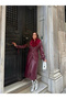 Women's Burgundy Fur Collar Belted Faux Leather Long Sleeve Maxi Length Buttoned Coat Trench Coat - 4