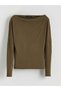 Nevavm with a Difference Lcw Vision Khaki Combed Cotton Plain Boat Neck Long Sleeve Women's Blouse - 5