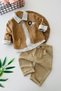 Embroidered Lion Detailed Knitwear Cardigan and Striped Shirt Baby Boy 3-Piece Set - Mustard