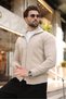 Stone Color Knitted Patterned Double Zipper Men's Knitwear Cardigan E7537