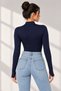 Women's Navy Blue Finger-Looped Half Turtleneck Long Sleeve Slim Fit Bodysuit - 3