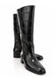Women's Black Crocodile Patterned Below-The-Knee Boots 3.5 cm Short Thick Heeled Stylish Daily Boots - 3