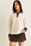 Women's Ecru Denim Garnished Polo Collar Button Detailed Oversize Knitwear Sweater Tk251099 60286683 - 3