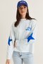 Women's Blue-White Paris 1975 Printed Star Detailed Striped Crew Neck Oversize Sweatshirt 927-2 60286670