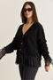 Women's Black V-Neck Buttoned Flywheel Lace Detailed Sleeves Gathered Knitwear Cardigan 9110 60286671 - 4