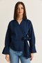 Women's Navy Blue Silvery Striped Double Breasted Collar Belted Shirt Blouse 1108 60286672 - 2