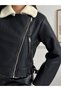 Women's Cream Plush Fur Detailed Cropped Leather Coat Black - 5
