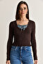 Women's Bitter Coffee Plaid Detailed Waist Hugging Ruffle Knitwear Blouse Th261102 60286684 - 2