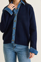 Women's Navy Blue Denim Garnished Shirt Collar Buttoned Knitwear Cardigan Th261080 60286682 - 5