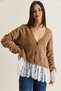 Women's Tan V-Neck Buttoned Flywheel Lace Detailed Sleeves Gathered Knitwear Cardigan 9110 60286671 - 5