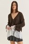 Women's Bitter Coffee V-Neck Buttoned Flywheel Lace Detailed Sleeves Gathered Knitwear Cardigan 9110 60286671