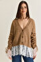 Women's Tan V-Neck Buttoned Flywheel Lace Detailed Sleeves Gathered Knitwear Cardigan 9110 60286671