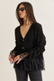 Women's Black V-Neck Buttoned Flywheel Lace Detailed Sleeves Gathered Knitwear Cardigan 9110 60286671 - 5