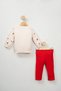 Baby Girl Strawberry Patterned 3D Figured Snap-Shoulder Sweatshirt and Red Ribbed Leggings 2-Piece Set - 3