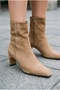 Karen Blunt Toe Thick Heeled Zippered Stylish and Comfortable Mink Suede Short Boots - 2