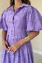 Women's Lilac Shirt Collar Belted Buttoned Embroidered Scalloped Balloon Short Sleeve Flared Midi Dress - 4