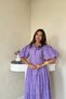 Women's Lilac Shirt Collar Belted Buttoned Embroidered Scalloped Balloon Short Sleeve Flared Midi Dress - 3