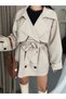 Women's Plaid Patterned Belted Double-Breasted Collar Trench Coat Jacket - 4