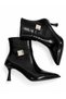Women's Shiny Patent Leather Look Stone Buckle Elegant Pointed Toe Zippered Thin Heeled Boots - 3
