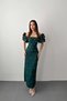 Women's Emerald Square Neck Short Balloon Sleeve Pearl Stone Embroidered Long Evening Dress