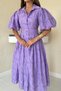 Women's Lilac Shirt Collar Belted Buttoned Embroidered Scalloped Balloon Short Sleeve Flared Midi Dress - 5