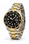 Men's Wristwatch Black Dial Rotating Bezel Silver Gold Dual Color Steel Band Quartz with Calendar 3 Atm