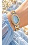 Stone-Embellished Oval Case-Yellow Silver Steel Strap-Blue Dial-Women's Wristwatch-In Stylish Box