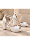 Women's Floral Patterned Cross-Strapped Low Platform Thick Heeled Premium Bridal Shoes - 4