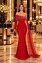 Elegance Complete with a Stoned Neckline - Long Evening Dress with Glitter Crepe One-Sleeve Tulle Cape Detail