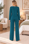 Women's 100% Cotton White Interlaced Dark Green Long Sleeve Wide Leg Pajama Set - 4