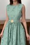 Women's Mint Crew Neck Sleeveless Floral Appliqué Belted Pocketed Flared Midi Evening Dress - 4