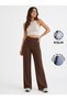 Women's Brown Winter Fleece Lined Ribbed Front Wide Fit Loose Leg Modal Fabric High Waist Gathering Pants Leggings - 3