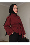 High Collar Belted Trench Coat in Burgundy Color - 2