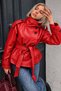 Premium Red Faux Leather Stand Collar Lined Women's Leather Jacket - 3